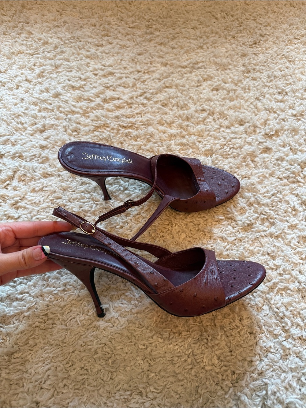 Jeffrey Campbell Brown Ostrich-Textured Slingback Heels